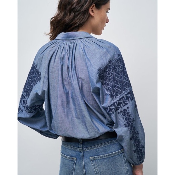 Nili Lotan Abby Romanian Chambray Embroidered Top Sz XS - Picture 2 of 10